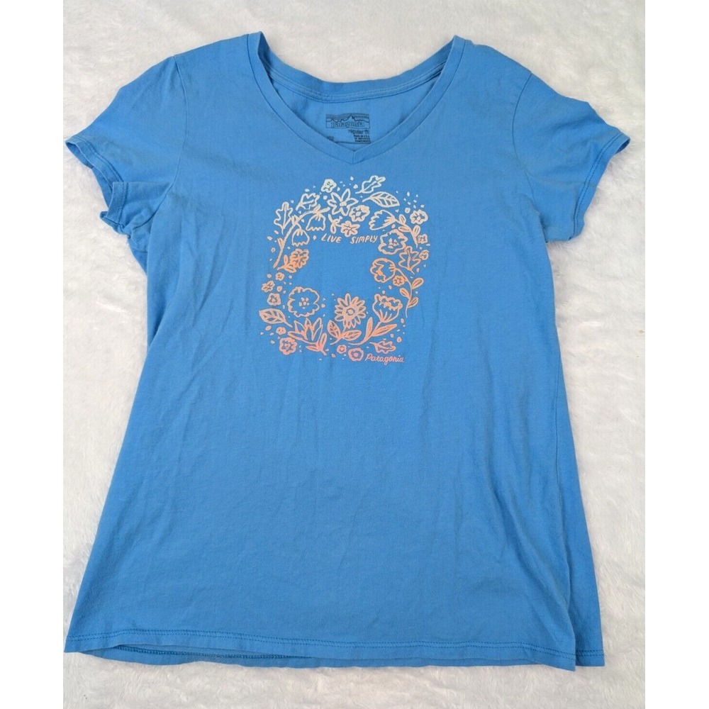 Patagonia T Shirt Women's XS Blue Cotton Blend Live Simply V Neck USA